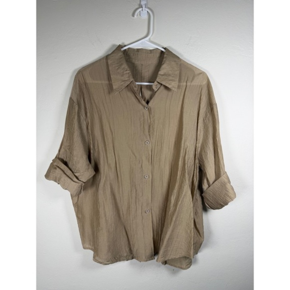 MS Women's Beige Crinkled‎ Button Down Shirt Roll Tab Sleeve Tie Back